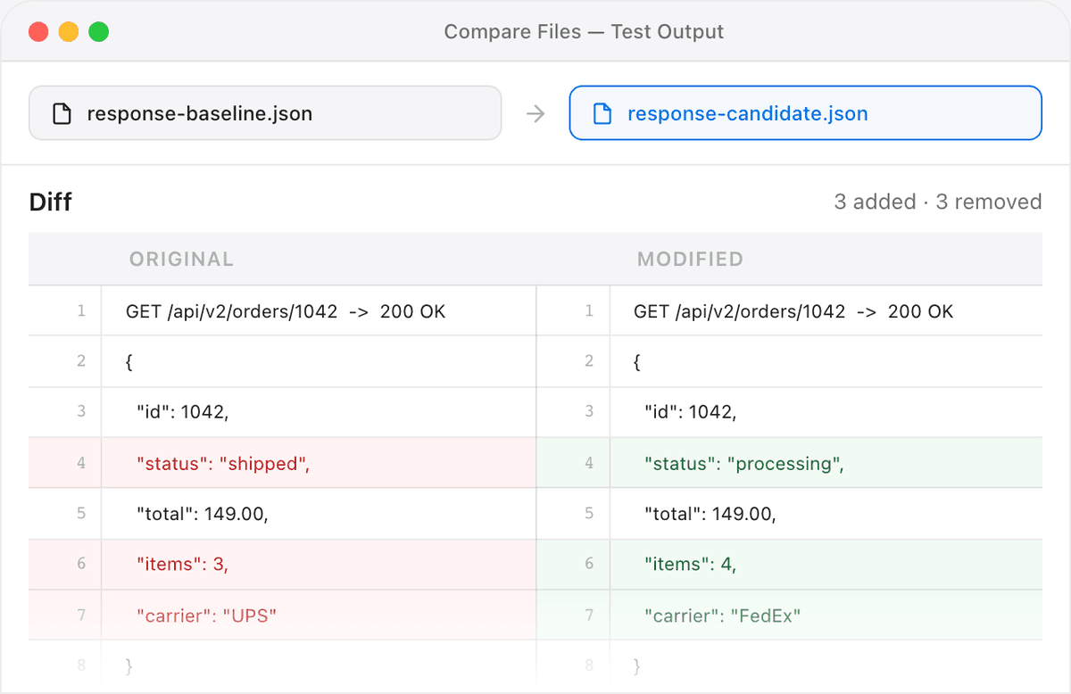 A file comparison running entirely in the browser, the kind of local processing you can verify makes no upload request in DevTools